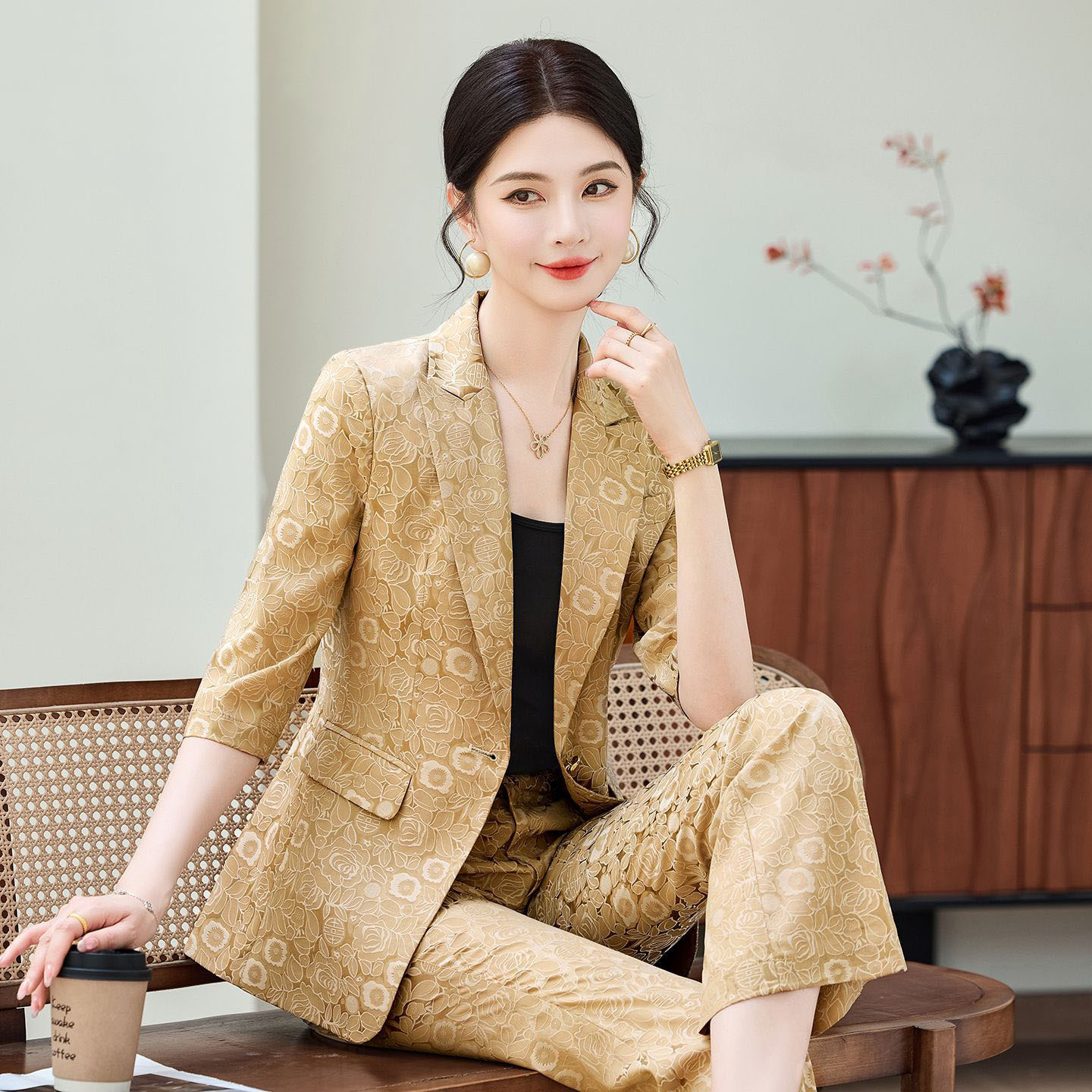 Women Formal Wear Pants - 패션 살구색 반팔 전문직 정장 여성