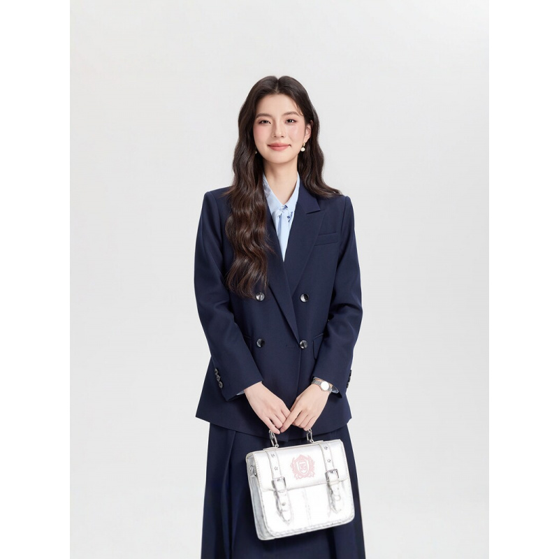Women Formal Wear Interview - 네이비 블루 더블 브레스티드 여성 비즈니스