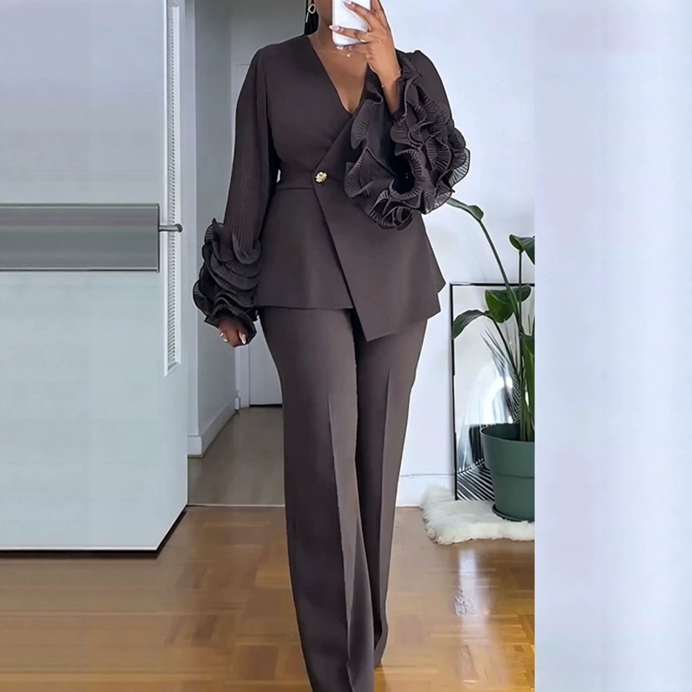 Women'S Formal Wear Suit - 여성용 2피스 팬츠 슈트 딥-V 러플