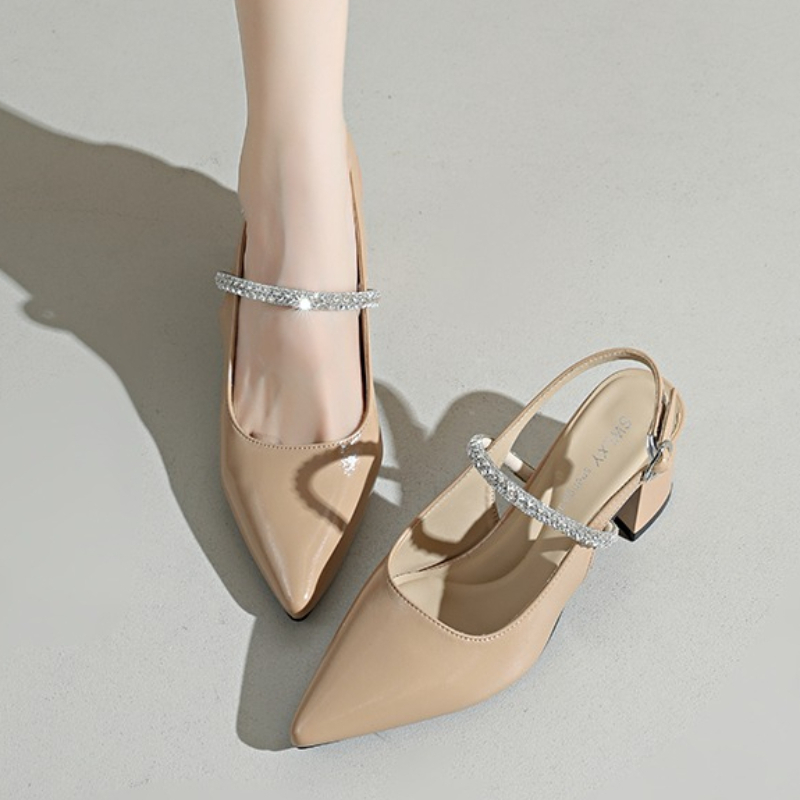 Formal Women Daily Wear Sandals - 여성용 스퀘어토 라인스톤 앵클 스트랩 펌프스