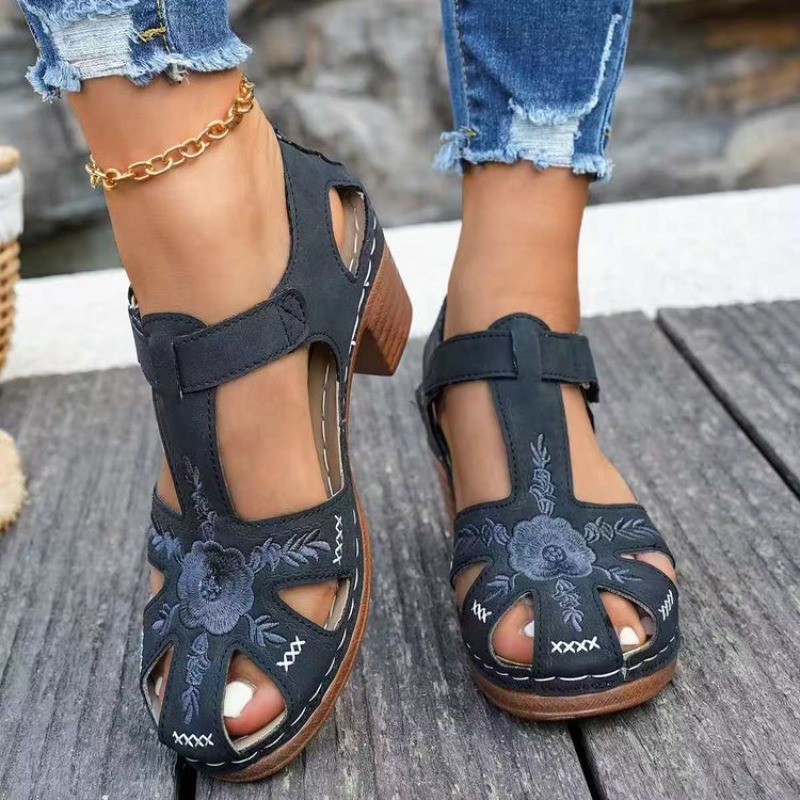 여성용 샌들 미드 블록 힐 꽃무늬 자수 컷아웃 오픈 토 - Formal Women Daily Wear Sandals 리뷰 및 가격