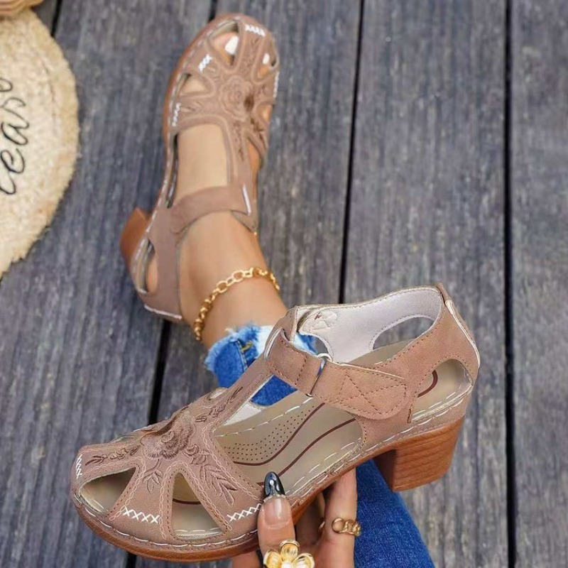 여성용 샌들 미드 블록 힐 꽃무늬 자수 컷아웃 오픈 토 - Formal Women Daily Wear Sandals 리뷰 및 가격
