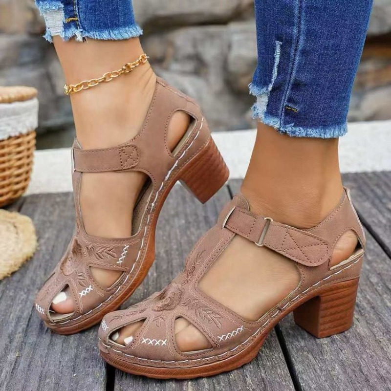 여성용 샌들 미드 블록 힐 꽃무늬 자수 컷아웃 오픈 토 - Formal Women Daily Wear Sandals 리뷰 및 가격