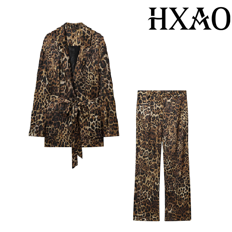 HXAO 레오파드 팬츠 세트 2피스 세트 빈티지 롱 블 - Women'S Formal Wear Suit 리뷰 및 가격