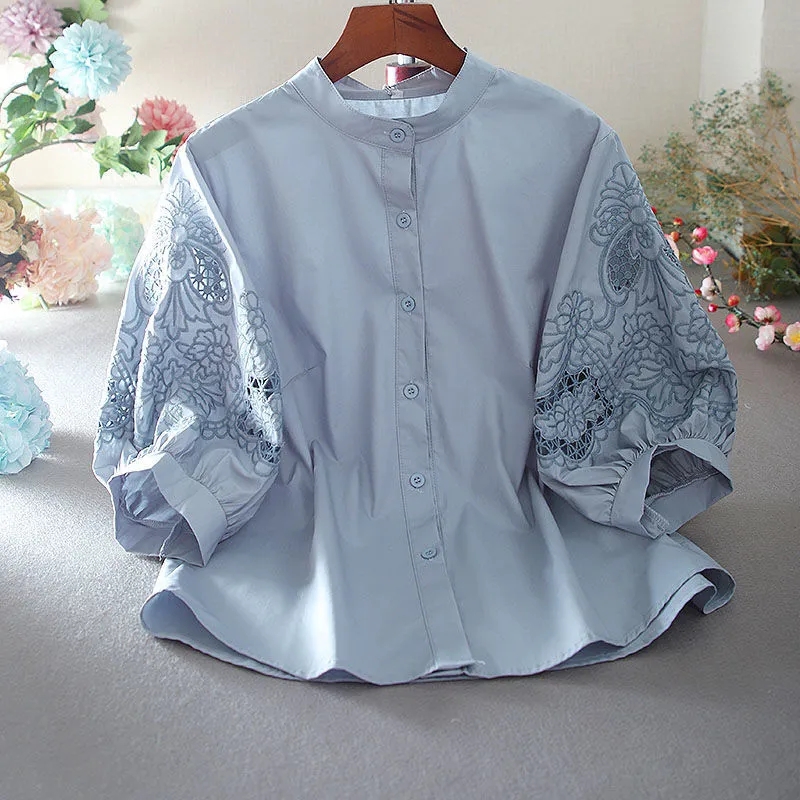 2025 순면 스탠드업 칼라, 할로우 아웃 자수 셔츠, - Women'S Formal Wear Suit 리뷰 및 가격