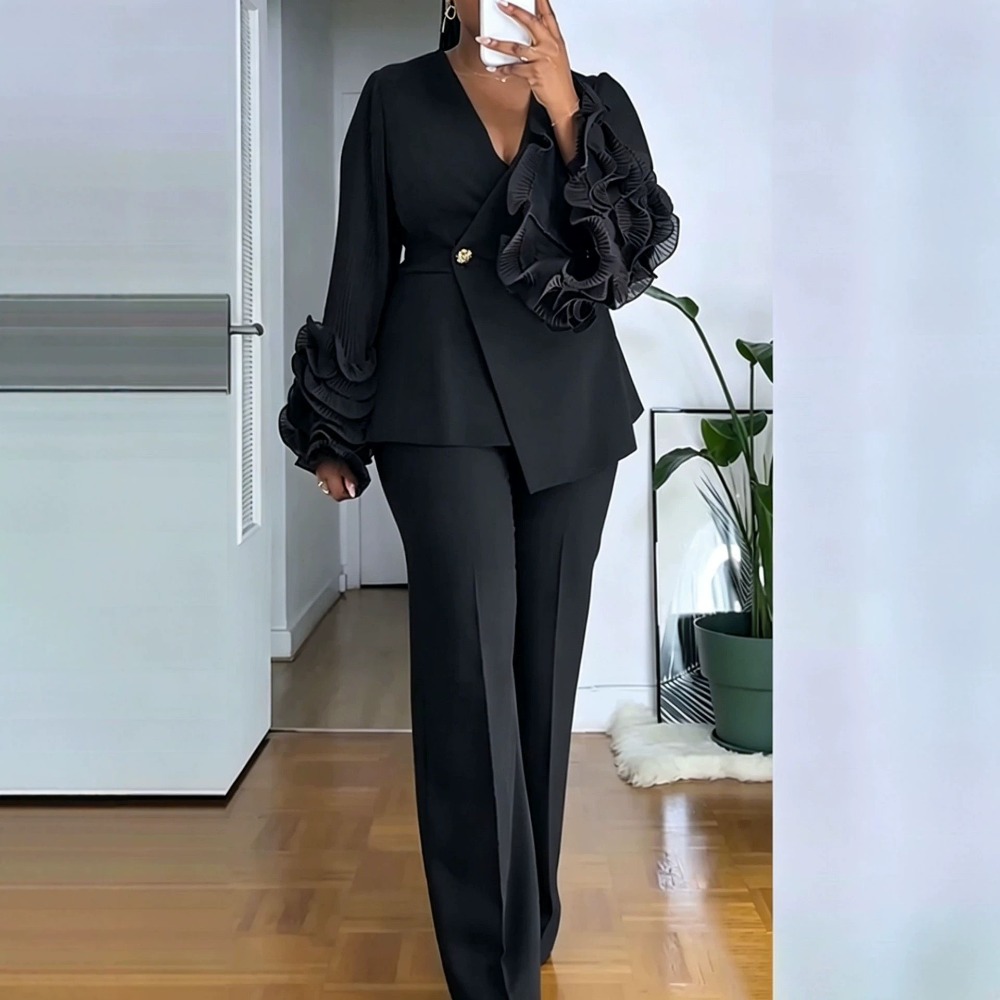 여성용 2피스 팬츠 슈트 딥-V 러플 긴소매 블레이저  - Women'S Formal Wear Suit 리뷰 및 가격